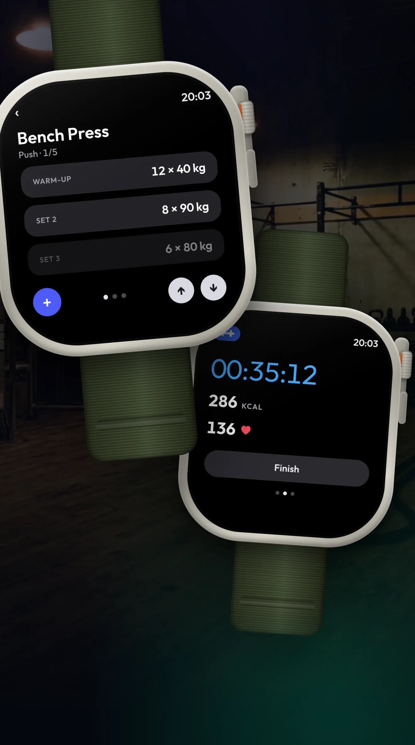 Two Apple Watch screens in a gym: a bench press set list and a live workout timer with calories and heart rate