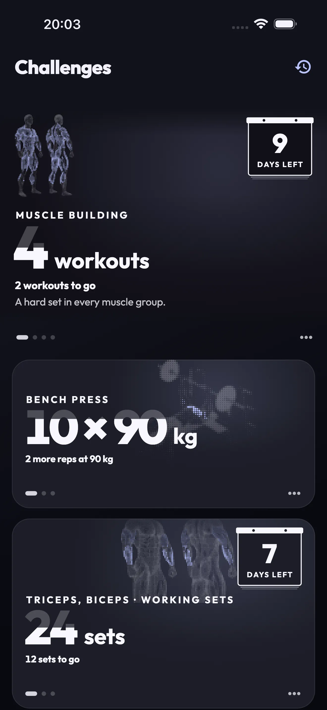 Muscle-building challenge with the next workout and hard sets per muscle group