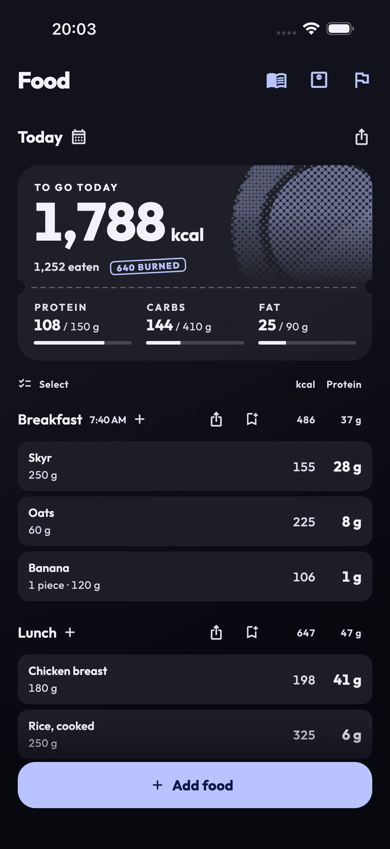 Food diary with the calories left today, protein, carbs, fat, and the meals eaten so far