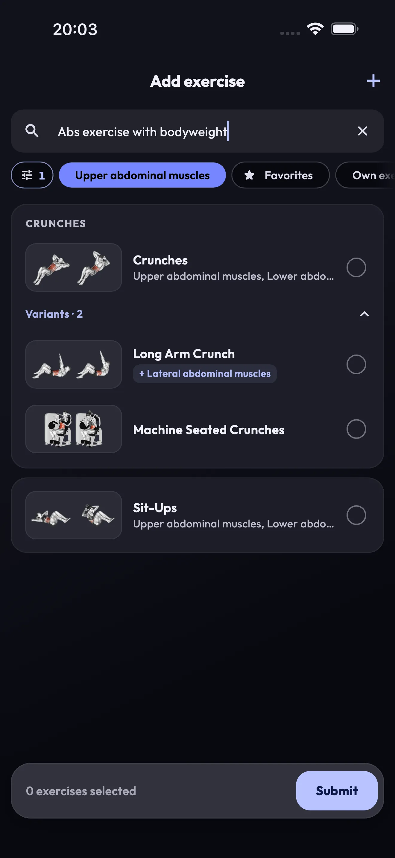 Exercise search with muscle filters and anatomical illustrations